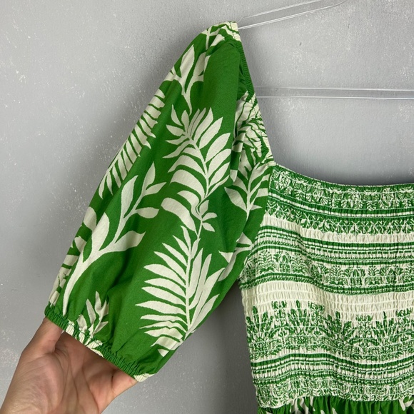 Aura maxi dress size M square neck puff sleeve Kelly green leaf print cotton - Picture 5 of 12